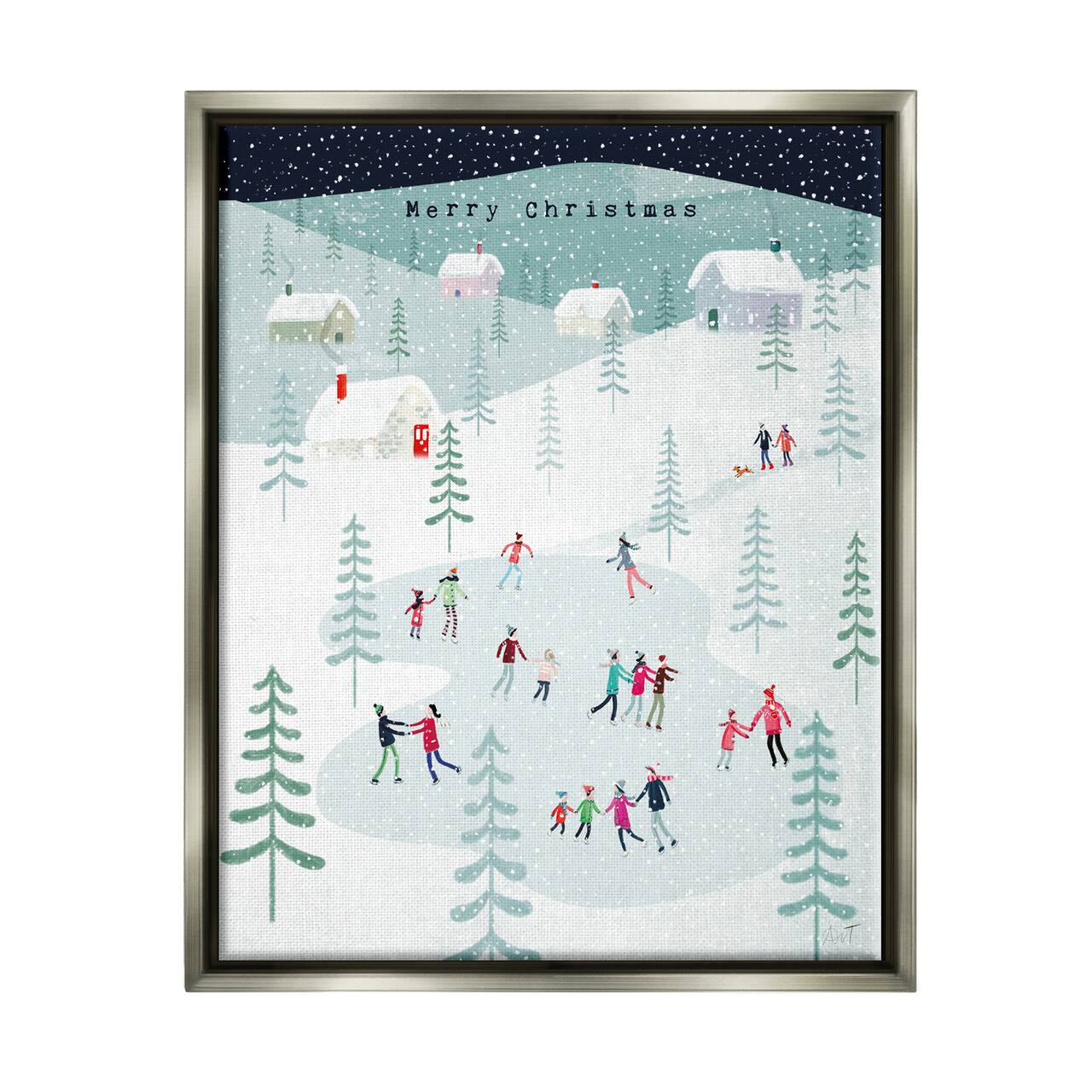 Stupell Industries Merry Christmas Winter Ice Skating Framed Floater Canvas Wall Art